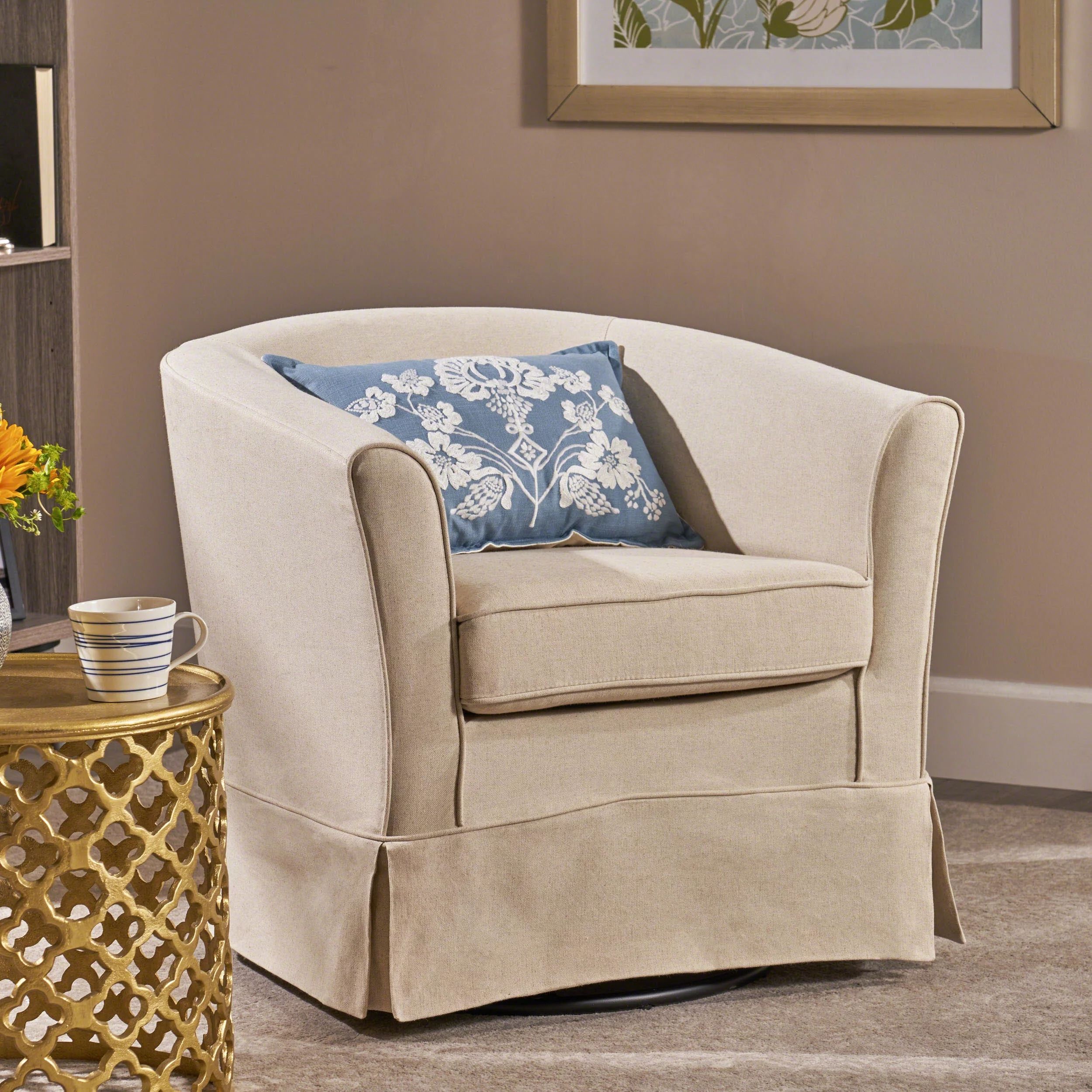 Noble House Celeste Natural Fabric Swivel Chair with Cover, Beige | Walmart (US)