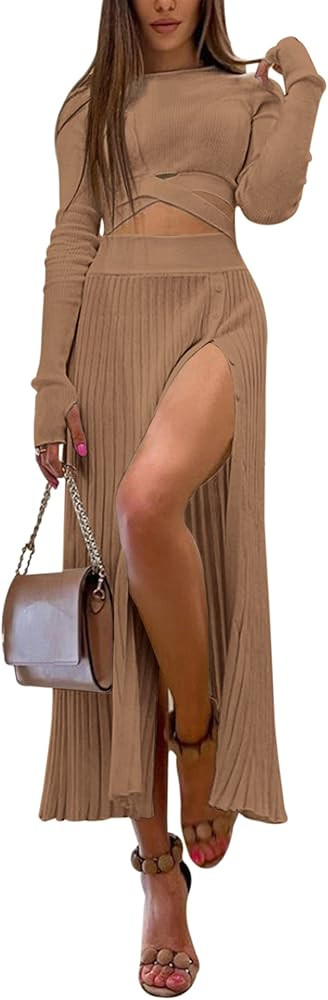 Meladyan Women 2 Piece Dress Outfits Sexy Knit Pleated Skirt Tie Back Long Sleeve Crop Top Shirt ... | Amazon (US)