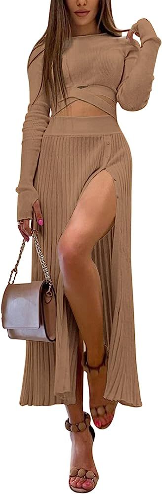 Meladyan Women 2 Piece Dress Outfits Sexy Knit Pleated Skirt Tie Back Long Sleeve Crop Top Shirt ... | Amazon (US)