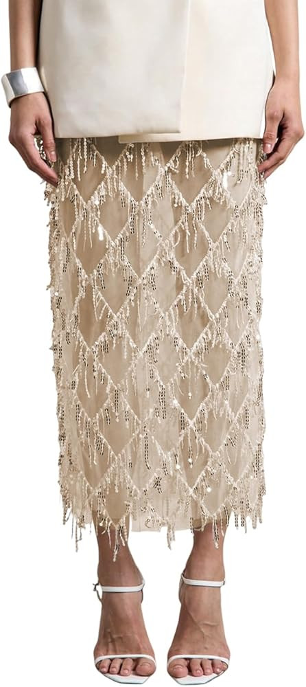 Pinclodly Sequin Skirt for Women Elastic High Waist See Through Maxi Skirt Side Slit Sparkly Frin... | Amazon (US)