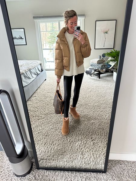 Casual weekend outfit 
Cropped puffer coat on sale now and so cozy
Ugg mini platforms 
Louis Vuitton neverfull 