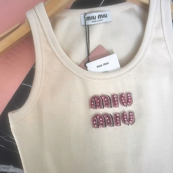 Miu Miu Cream Tank Top with Pink Embellished Logo | Poshmark