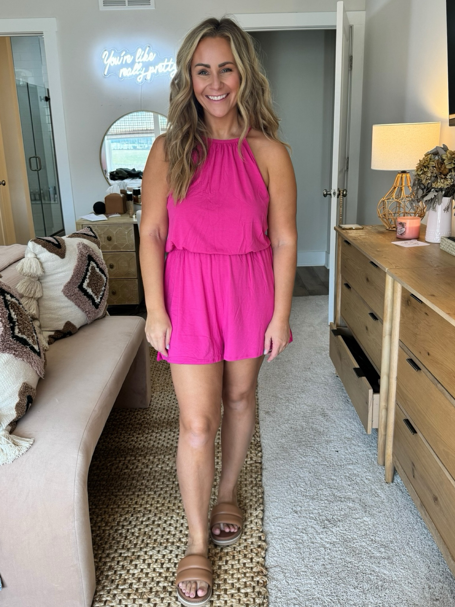 Pink romper from Old Navy 💗 I’m wearing a Medium petite. Slide sandals are Amazon! 

#LTKfindsunder50 #LTKsalealert #LTKstyletip