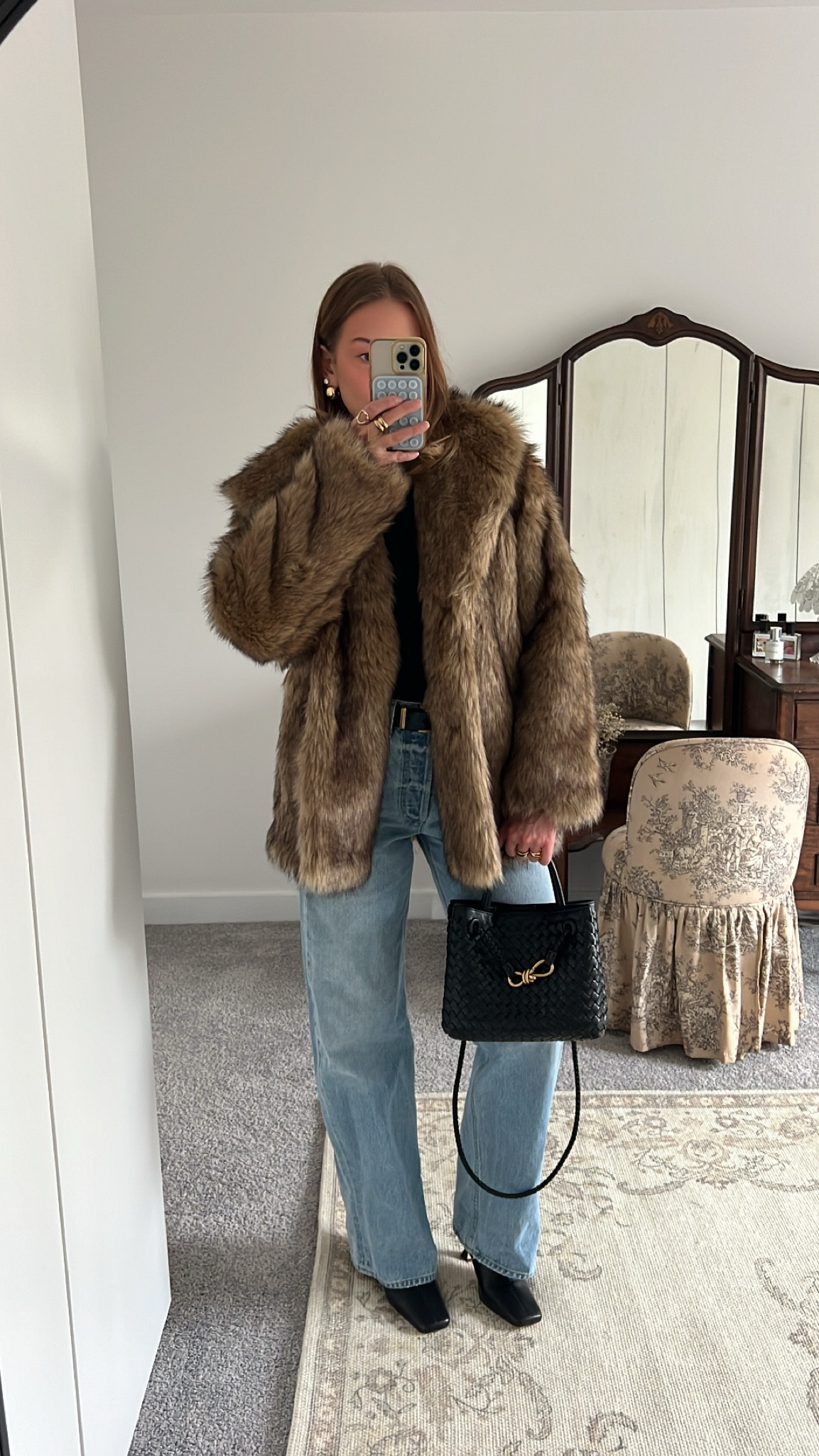 12/16/24 Evening outfit of the night 🫶🏼 light wash denim jeans, Abercrombie fur coat, Abercrombie black top, Tony Bianco black boots, evening black bag, chic evening outfit, dinner outfit inspiration, city night style, winter dinner outfit, cozy and stylish, evening layering pieces, cold weather outfit, practical and chic, casual evening wear, versatile black boots, elegant winter fashion, dressed-up denim, seasonal wardrobe staples, winter city outfit, timeless evening look.