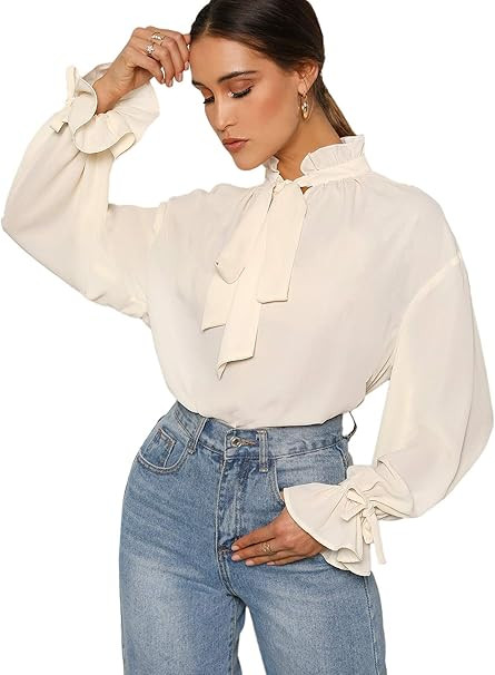 Romwe Women's Elegant Vintage Bow Tie Ruffle Mock Neck Lantern Sleeve Working Blouse Tops Shirt | Amazon (US)