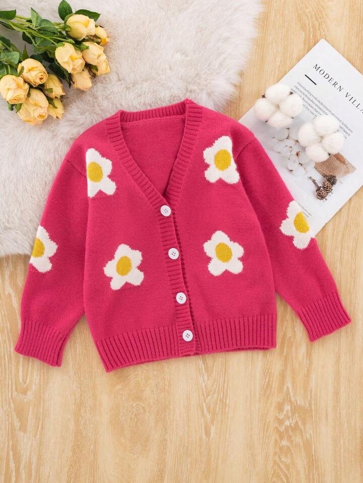 SHEIN Little Girls' Long Sleeve Cardigan With Floral Pattern | SHEIN