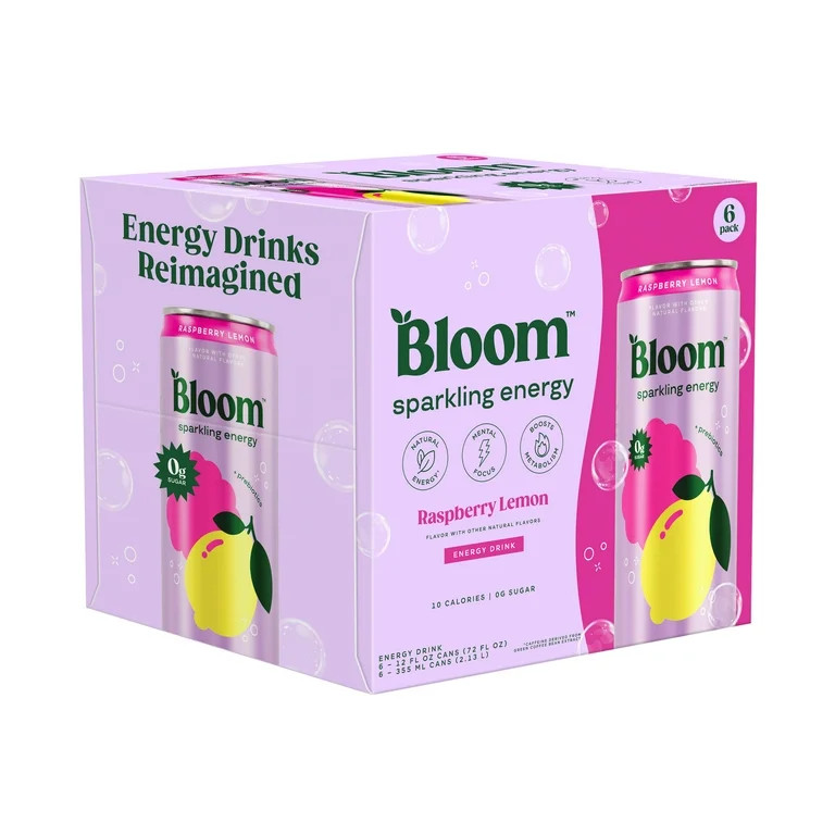 Bloom Nutrition Sparkling Energy Drink, Raspberry Lemon, 12 fl oz Cans, 6 Pack | Walmart (US)