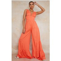 Orange Linen Look Plunge Tiered Wide Leg Jumpsuit | PrettyLittleThing US