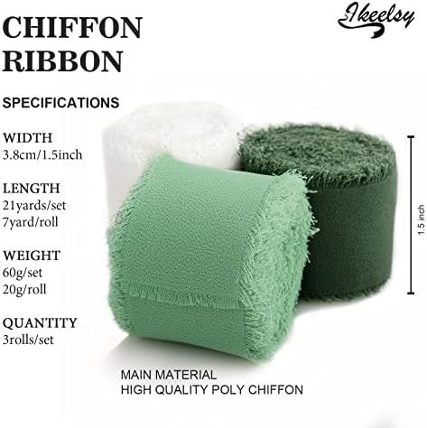 Chiffon Ribbon Fringe Gift Ribbon 3 Rolls 1.5" Wide x 7 Yd Cream Green Ribbons Set for Wedding Decor | Amazon (US)