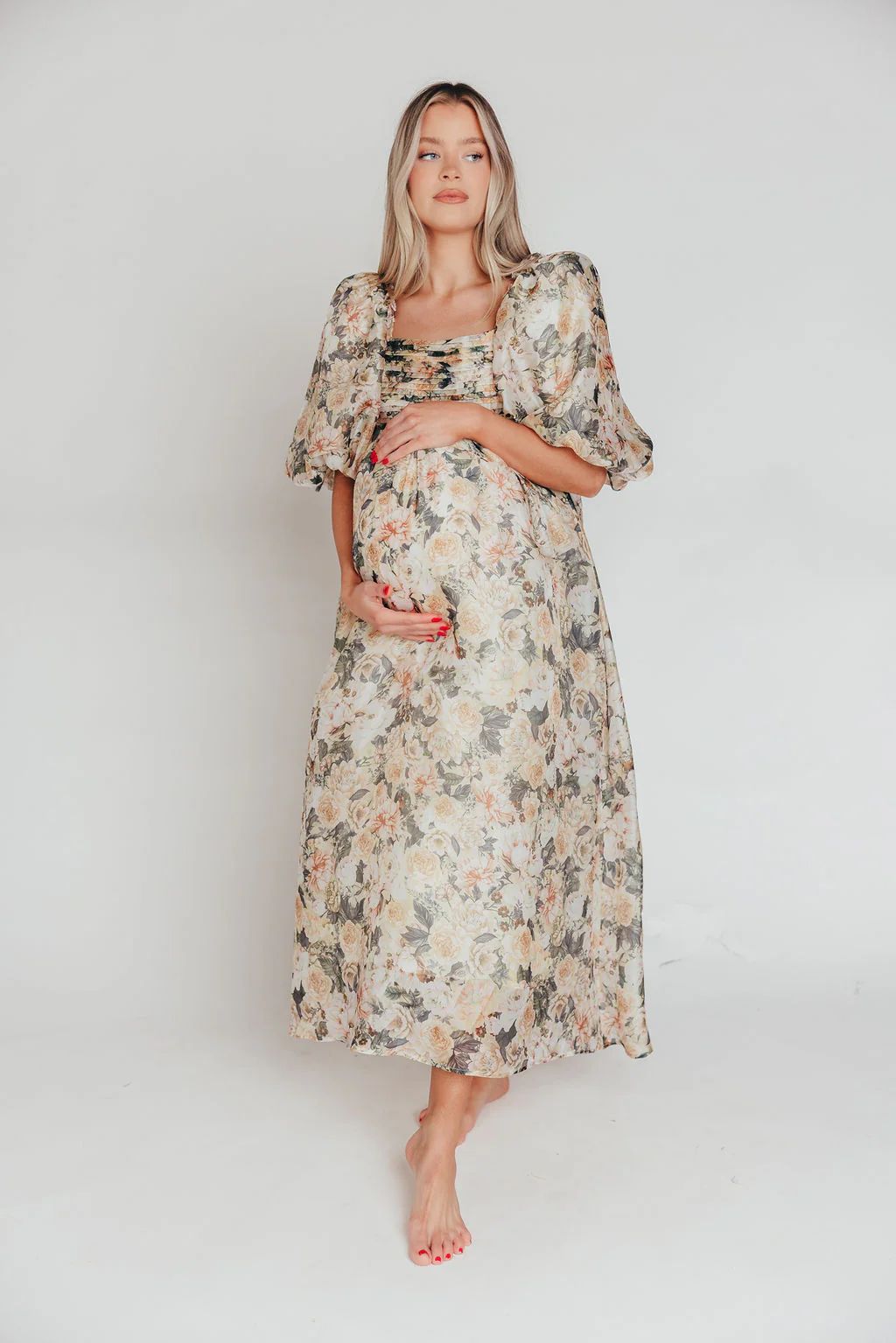 Melody Maxi Dress with Pleats and Bow Detail in Champagne Floral - Bum | Worth Collective