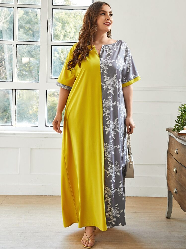 Plus Two Tone Floral Print Tunic Dress | SHEIN