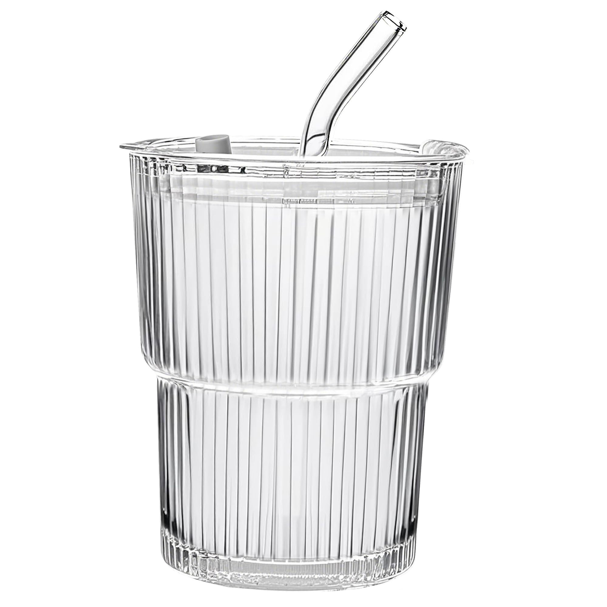 13oz/400ML Glass Tumbler with Straw and Lid Ribbed Vertical Ice Coffee Cups Sealed Carry on for C... | Amazon (US)