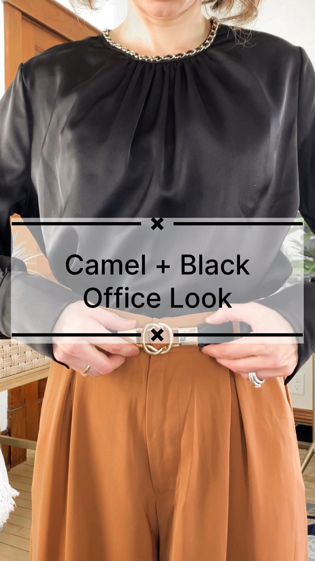 Camel and black office outfit!
Wearing size s satin Chicwish top, order your usual size. 
Size XS short Amazon wide leg pants, order your usual size. 
Size 6 Nine West heels, leather, order your usual size. 
Petite outfit. Work outfit. Classic outfit. Neutral outfit. 

#LTKstyletip #LTKworkwear #LTKVideo