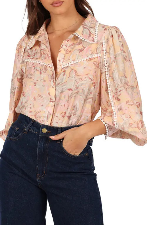 Petal & Pup Floria Three-Quarter Sleeve Button-Up Top in Beige Floral at Nordstrom, Size Large | Nordstrom