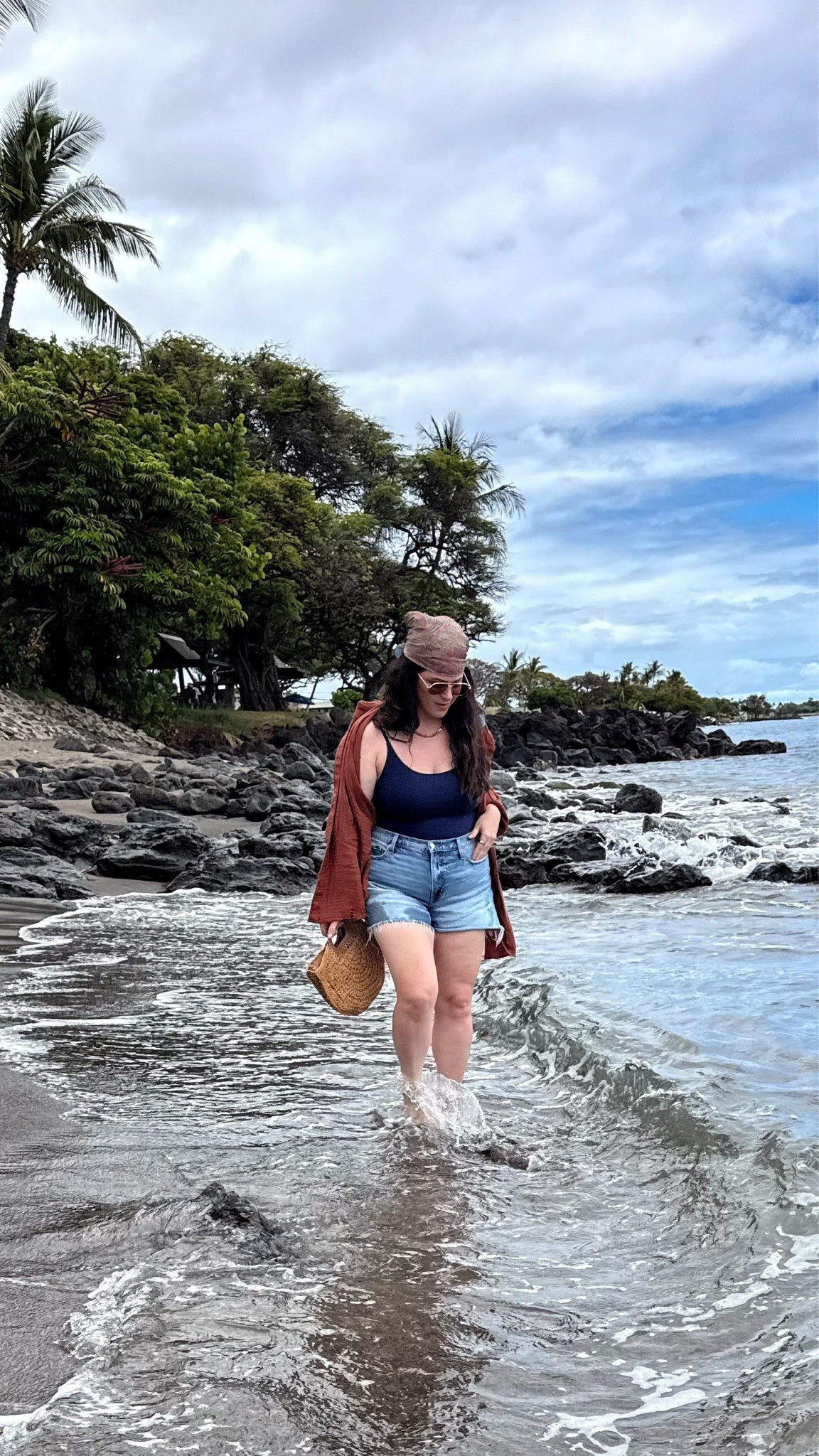 midsize vacation outfit- hawaii outfit, vacay outfit- size 14 summer style.

•one of my favorite simple and comfortable one piece bathing suits xl 
•denim shorts size 32 (i’ve had these for 3 years now) 
•comfy lightweight cover up wearing a large runs oversized and is part of a matching set. 
•silk scarf bandana 
•accessories and crossbody woven bag linked too

#LTKOver40 #LTKSwim #LTKSeasonal