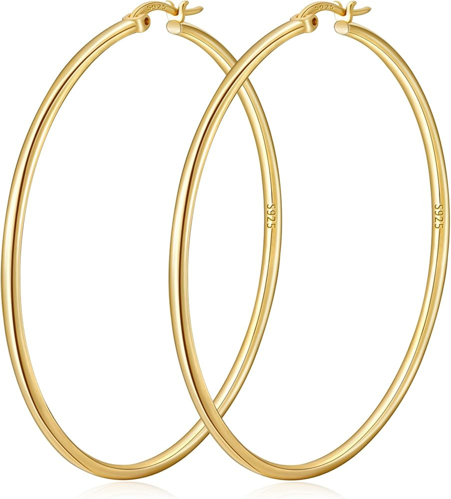 DORANA Valentines Gifts for Her 2mm Thin Large S925 Sterling Silver Hoop Earrings for Women Hypoa... | Amazon (US)