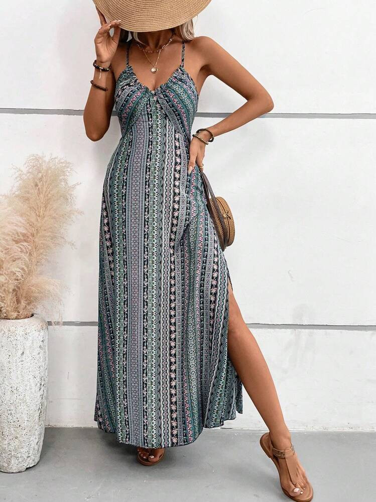 Breezaya Women Vacation Ditsy Floral Side Slit Hem Maxi Elegant Camisole Dress Vacation Beach Outfit | SHEIN