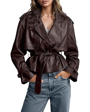 chouyatou Women's Fall Belted Faux Leather Jacket Modo Business Casual Faux Leather Short Trench ... | Amazon (US)