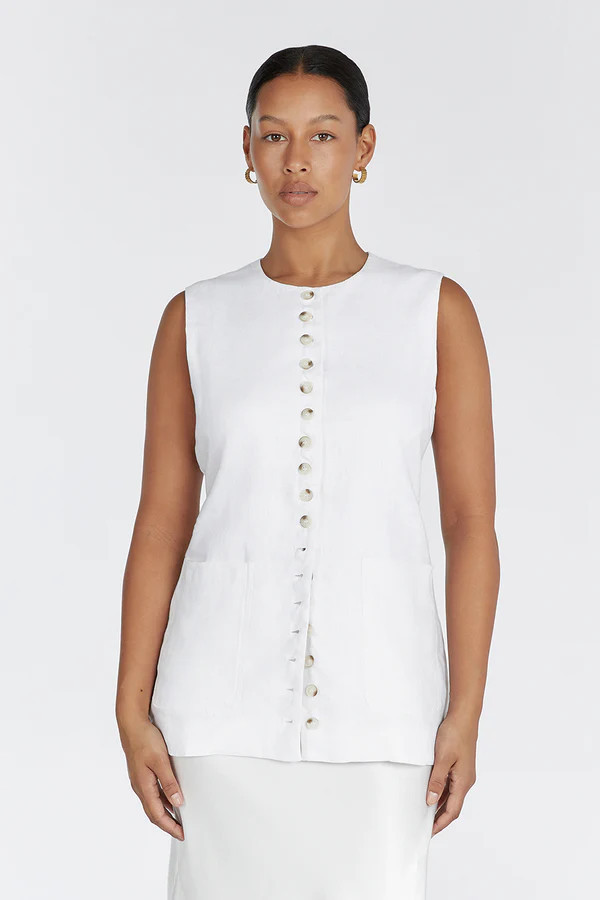 TILLY WHITE LINEN LONGLINE VEST | DISSH