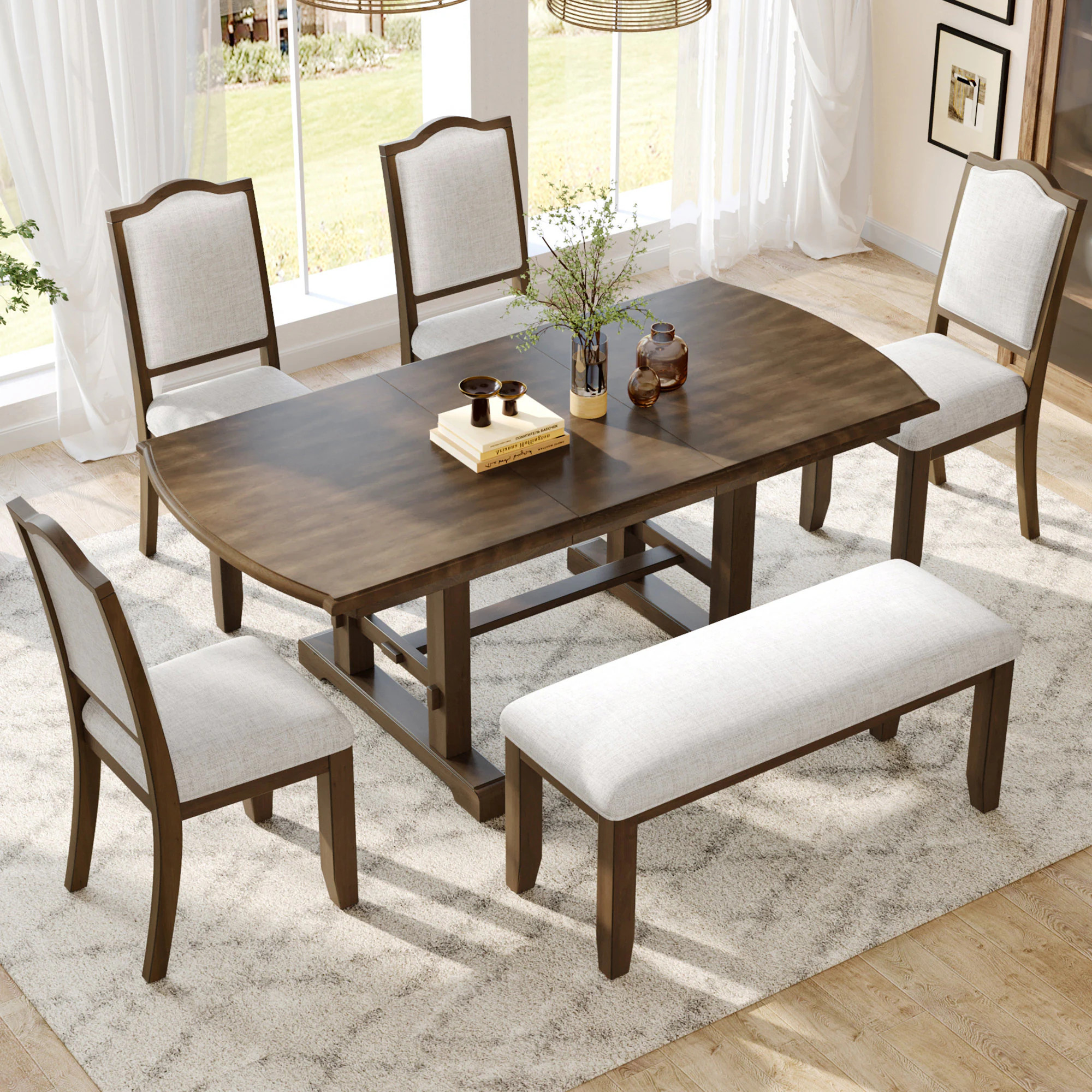 Afoxsos 6 piece dining set extendable wood table 60 to 78 inch removable leaf 4 upholstered chairs bench seats 6 to 8 brown Rubber one_size | Lowe's