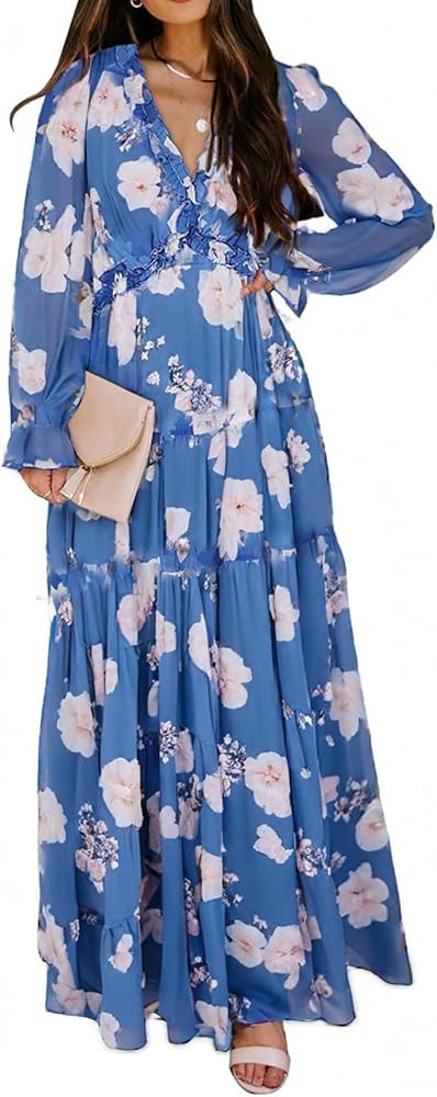 BLENCOT Womens Casual Boho Deep V Neck Short Sleeve Long Dress | Amazon (US)