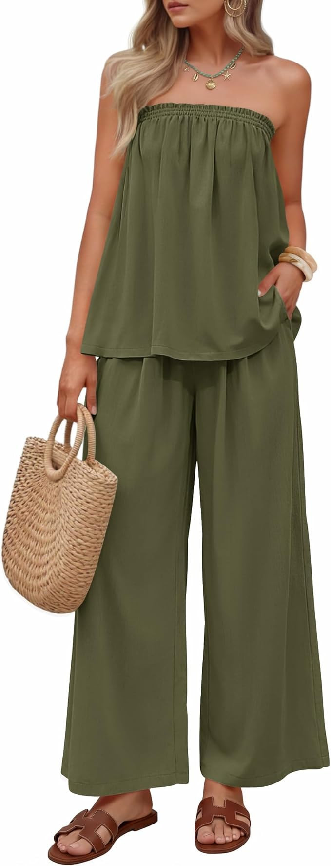 ZESICA Women's Summer 2 Piece Sets 2026 Spring Casual Strapless Tube Top Wide Leg Pants Ruffle Be... | Amazon (US)