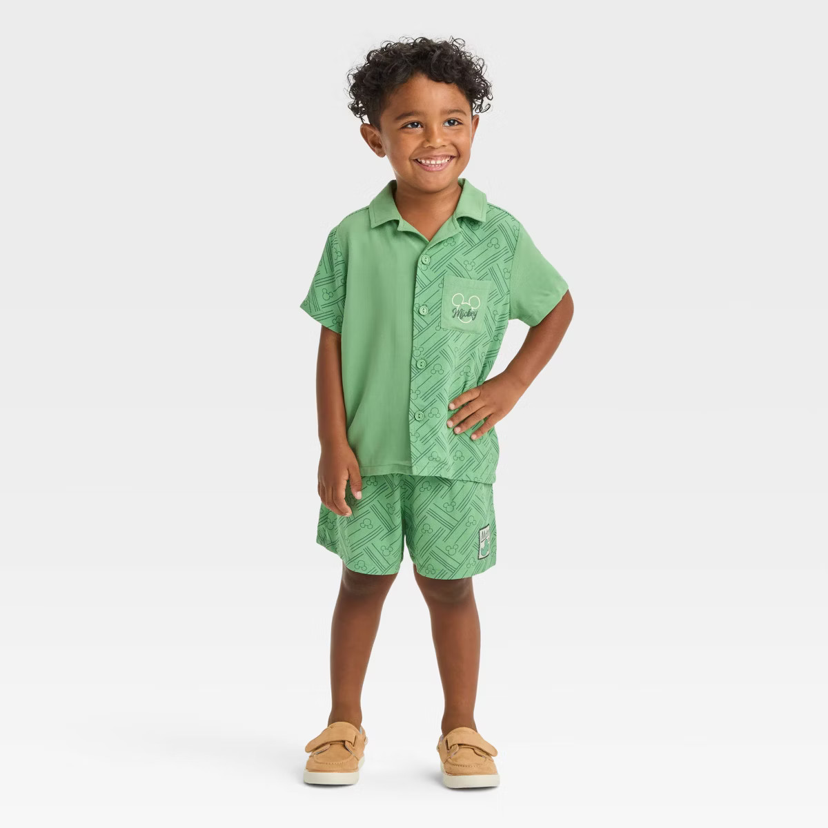 Toddler Boys' Disney Mickey Mouse Woven Pattern Top and Shorts Set - Green | Target