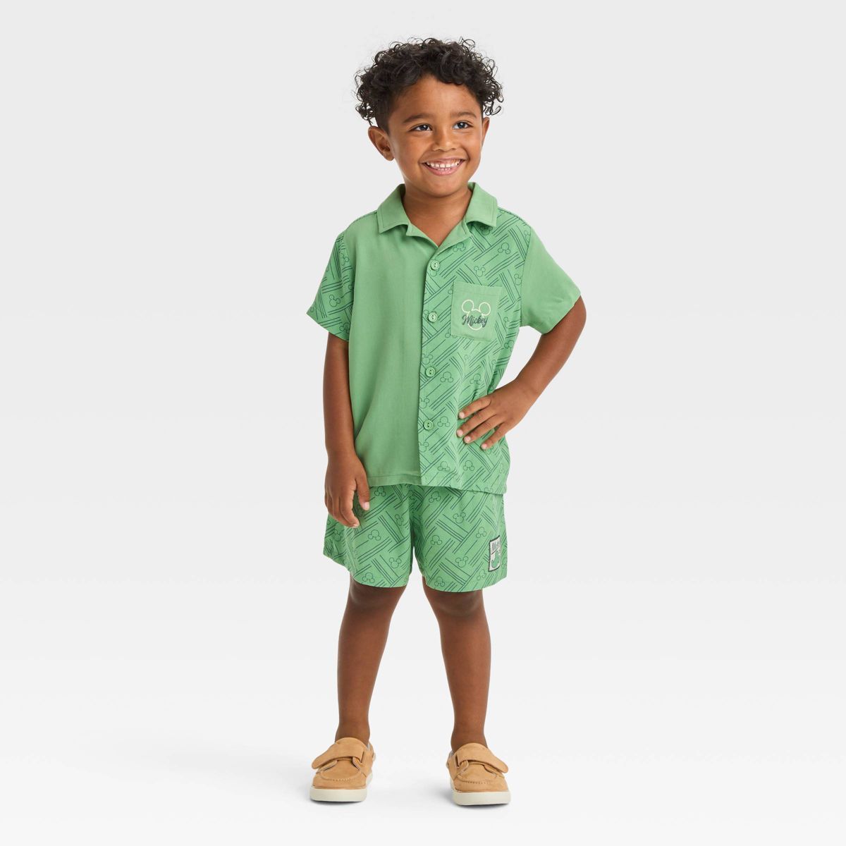 Toddler Boys' Disney Mickey Mouse Woven Pattern Top and Shorts Set - Green 2T | Target