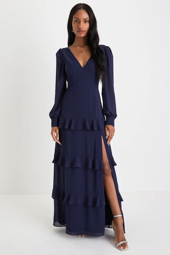Gorgeous Expression Navy Blue Long Sleeve Tiered Maxi Dress | Lulus (US)