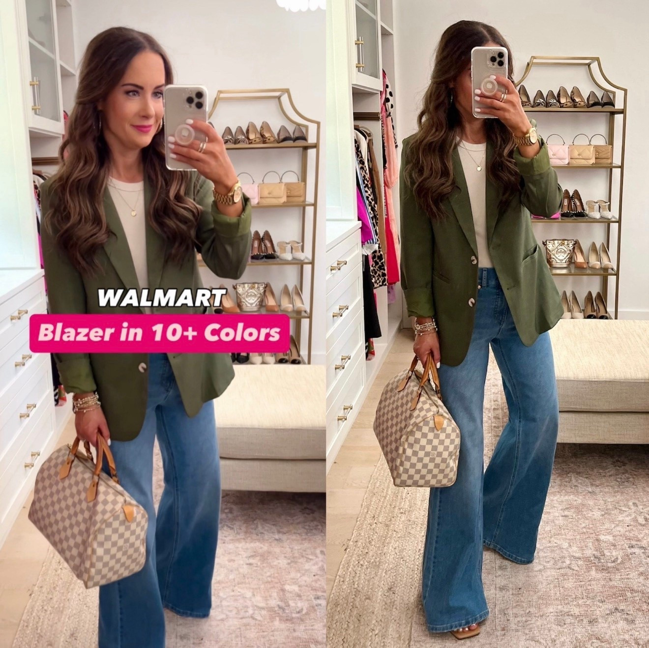 Our fave blazer is back in stock! So many colors! Wearing size S. Wearing the short inseam in the jeans. 🛍️ Follow us for more! Xo, W & L 