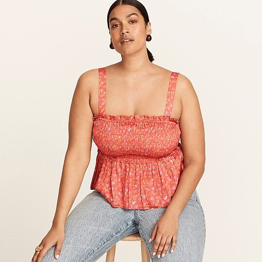 Smocked featherweight satin tank in coral meadow floral | J.Crew US