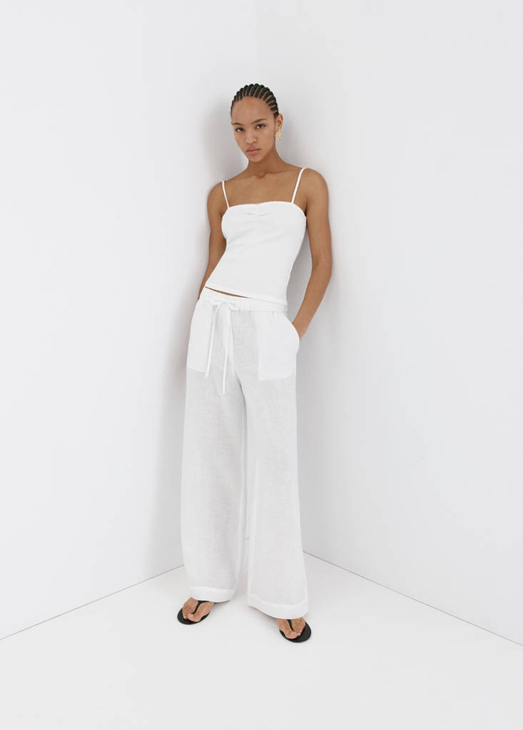 Pantalon wide leg en lin blanc - Femme - M - MANGO | Mango EU