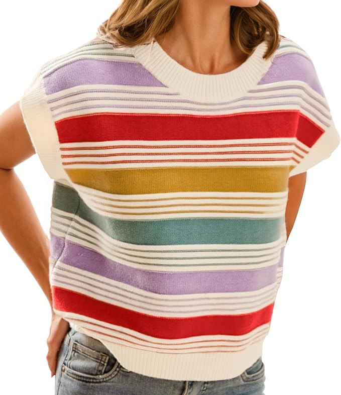 FireSwan Womens Cap Sleeve Sweater Vest Striped Color Block Loose Tank Tops Trendy Vacation Outfi... | Amazon (US)