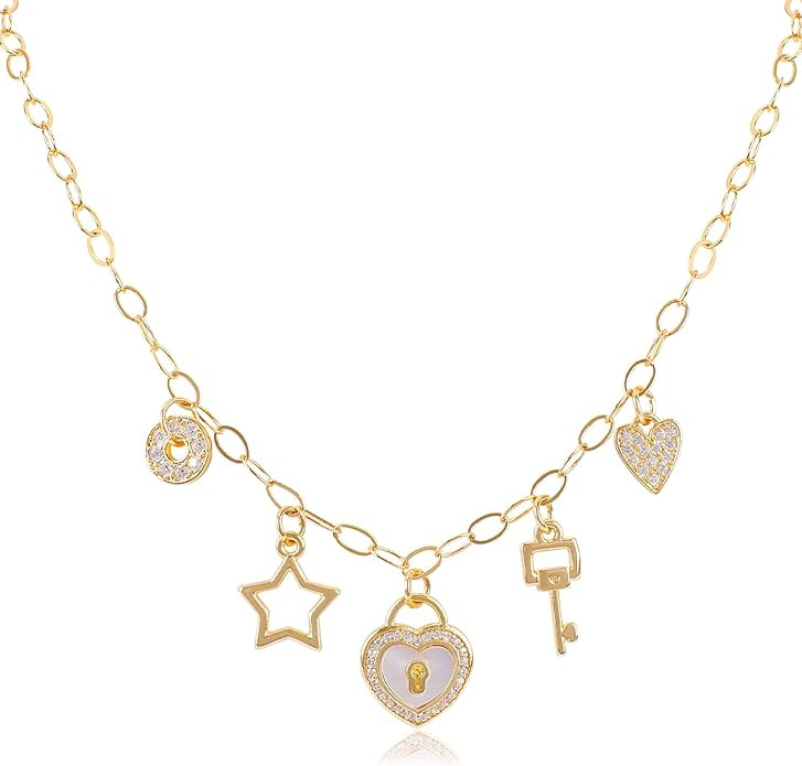 Gold Charm Necklace for Women Teen Girls 14K Gold Plated Chain Pendant Necklace with Cute Dangle ... | Amazon (US)