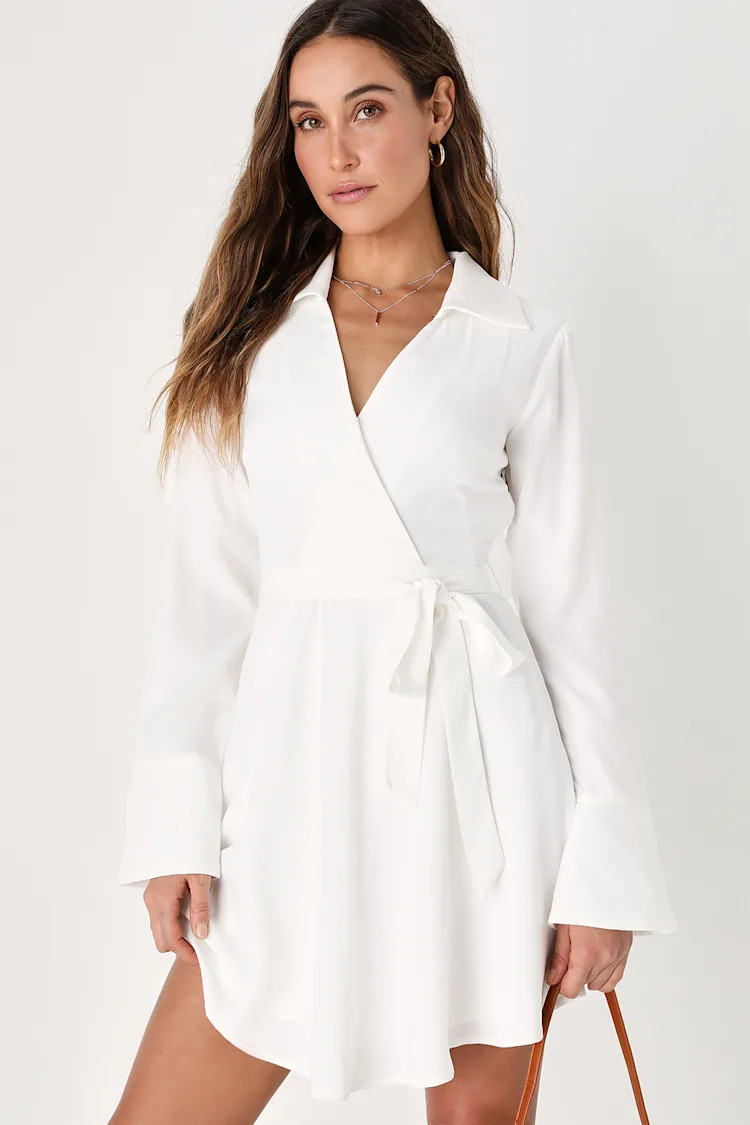 Endless Charm White Collared Long Sleeve Mini Dress | Lulus (US)