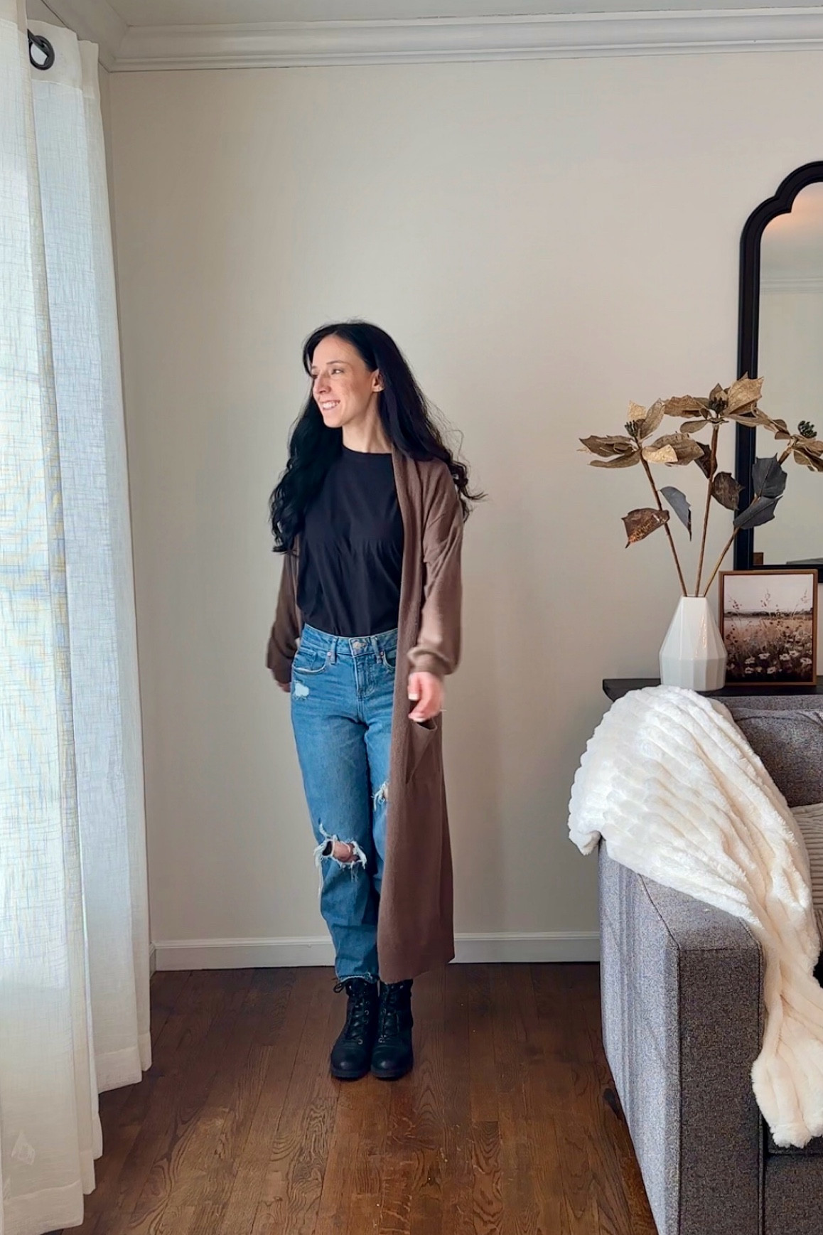 Black tee size s
Brown duster size S 
Jeans size 00
Combat boots 6.5

Winter outfit, casual, weekend, minimalist, millennial, Amazon

#LTKStyleTip #LTKFindsUnder100 #LTKSeasonal