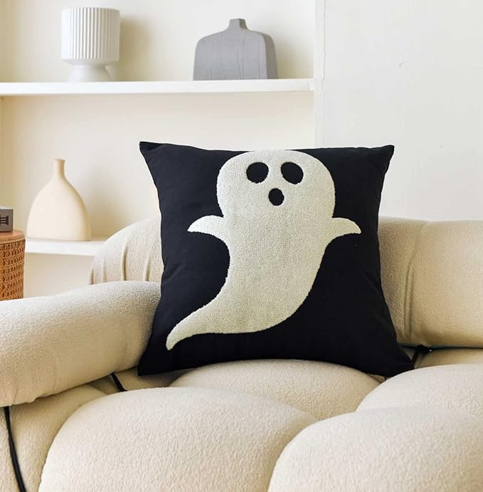 Embroidered Halloween Decor Pillow Cover,Square 18 Inches Decorative Cute Ghost Pillow Cover for ... | Amazon (US)