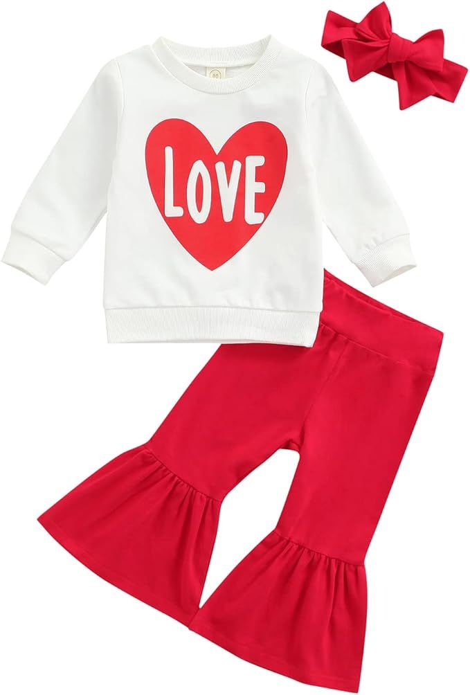 Toddler Baby Girl Valentine's Day Clothes Outfit Set 3Pcs Long Sleeve Love Heart Pullover Tops Fl... | Amazon (US)