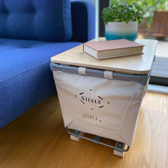 Steele Canvas 2 Bushel Small Carry Basket on Wood Runners, Natural Canvas & Gray Vinyl | West Elm (US)