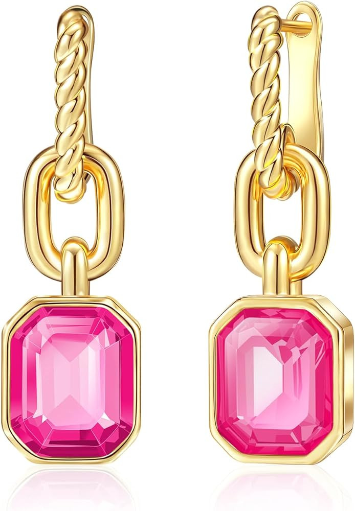 Mesovor Gold Crystal Hoop Earrings for Women Trendy, 18K Gold Plated Hoop Earrings | Emerald Gree... | Amazon (US)