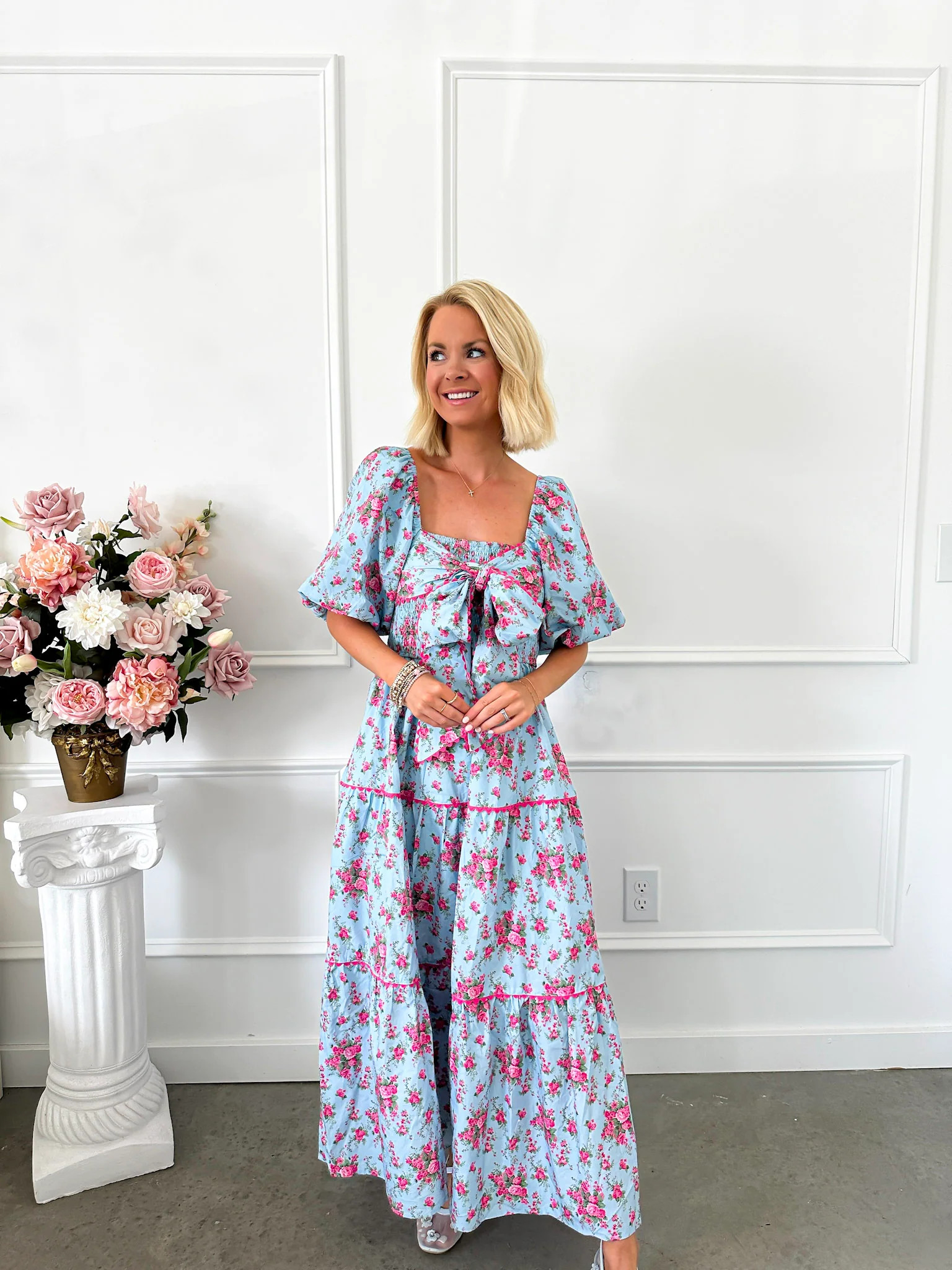 Blue Crush Pink Floral Bow Maxi Dress | Flourish in Frills