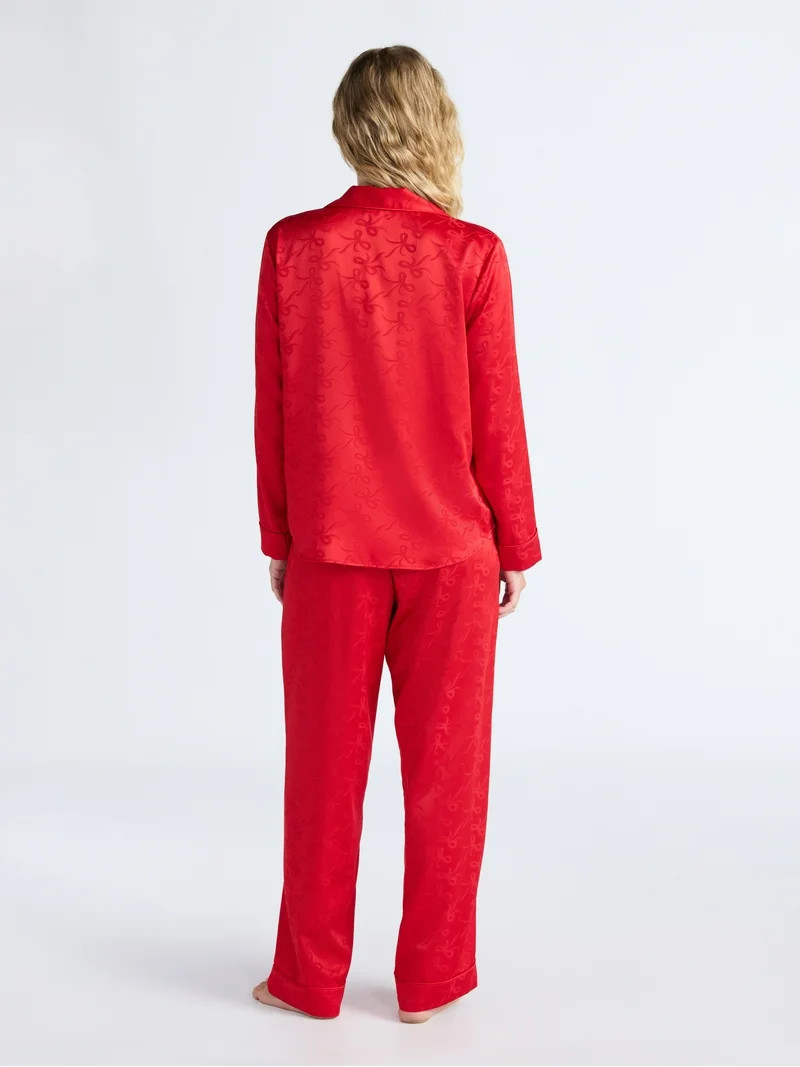 Joyspun Women’s Stretch Satin Notch Long Sleeve Top and Pants Pajama Set, 2-Piece, Sizes XS-3X | Walmart (US)