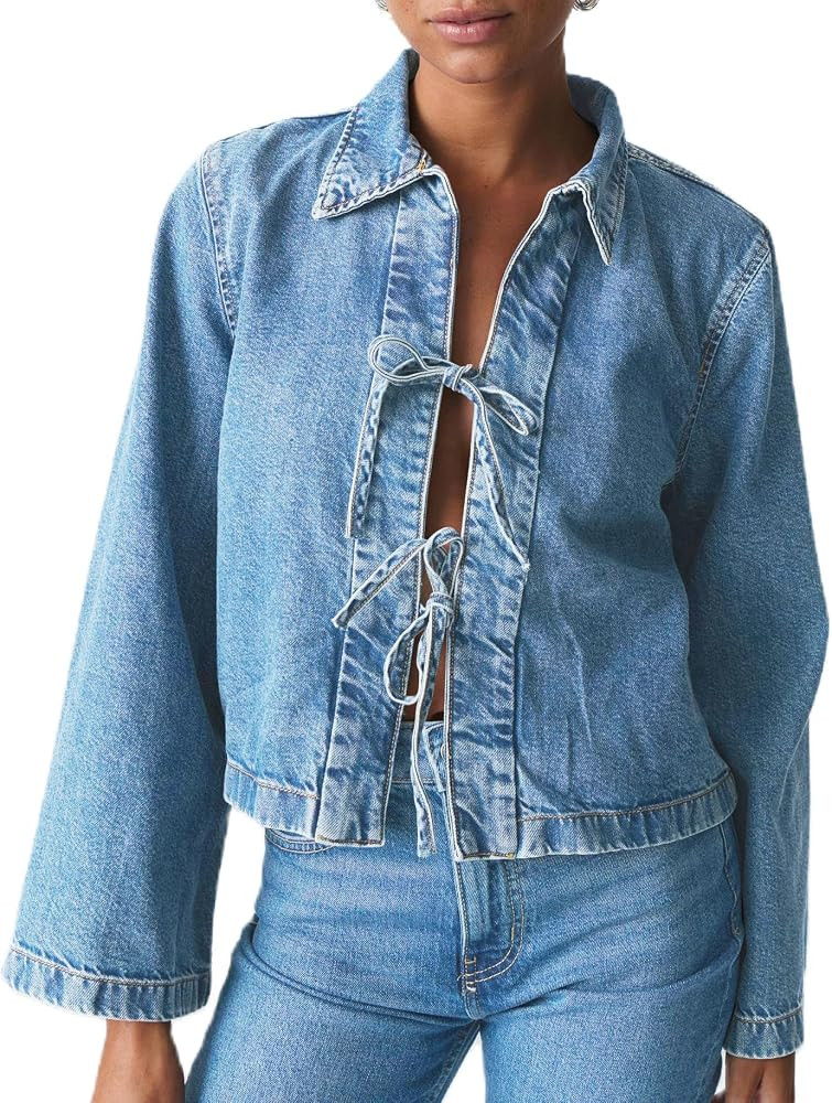 Women’s Fashion Denim Jacket Coat Tie Front Lapel Long Sleeve Shirt Denim Jacket Y2k Clothes | Amazon (US)