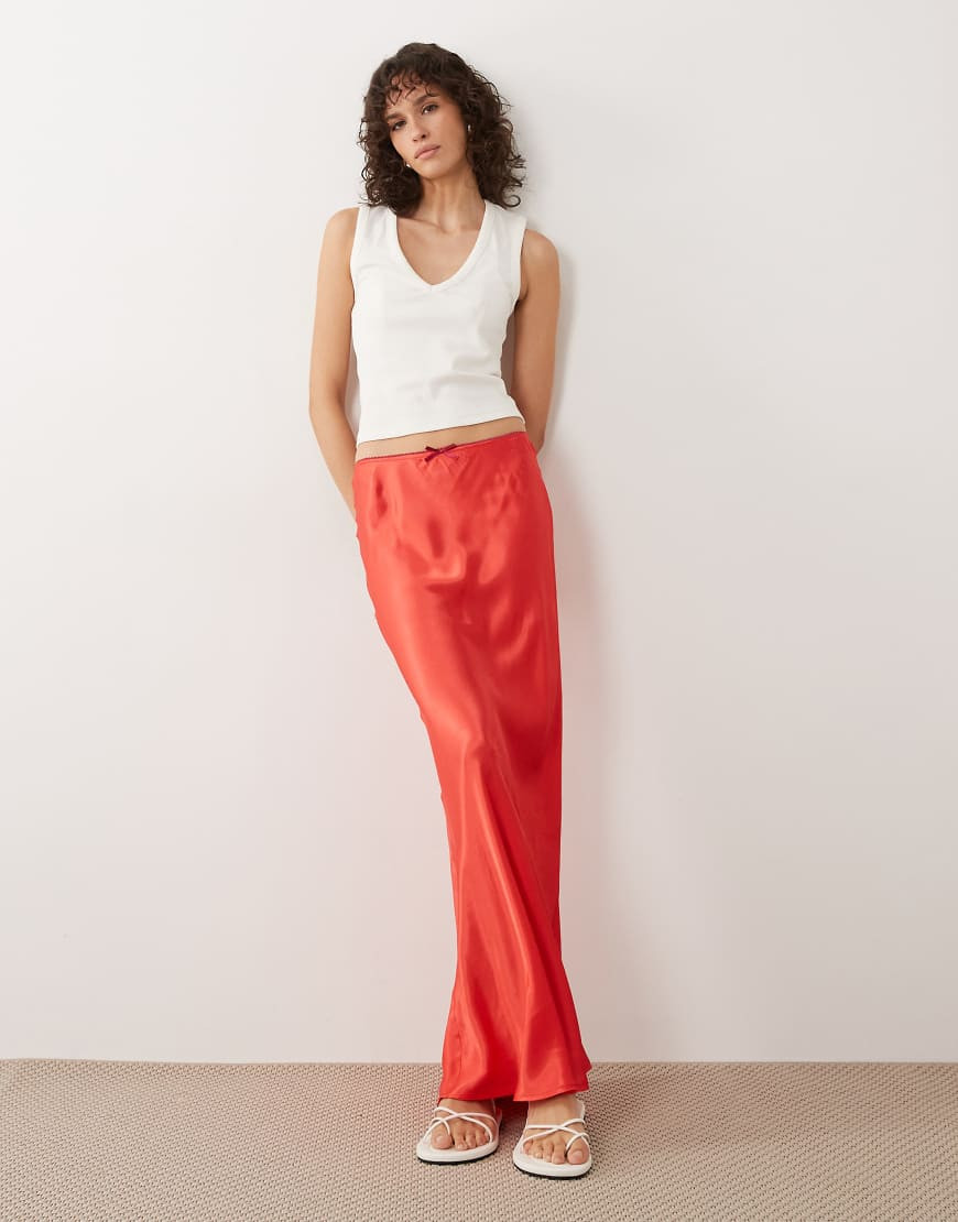 Miss Selfridge satin bias maxi skirt in red | ASOS (Global)