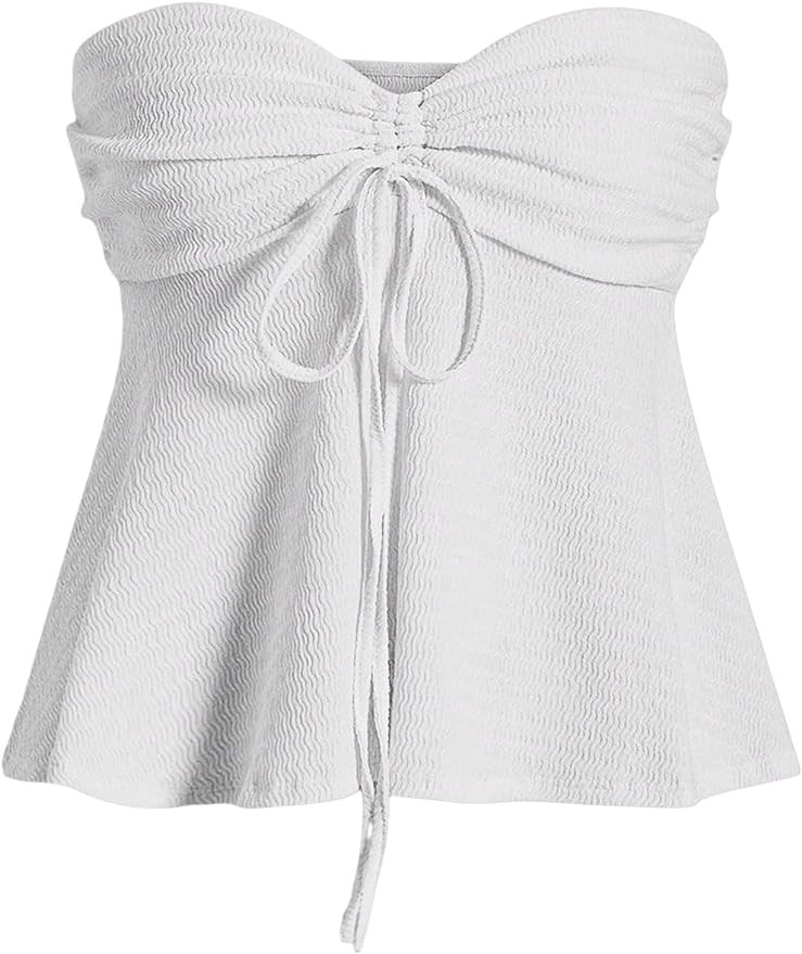 Milumia Women Tie Front Ruched Tube Top Strapless Flared Hem Peplum Bandeau Tops | Amazon (US)