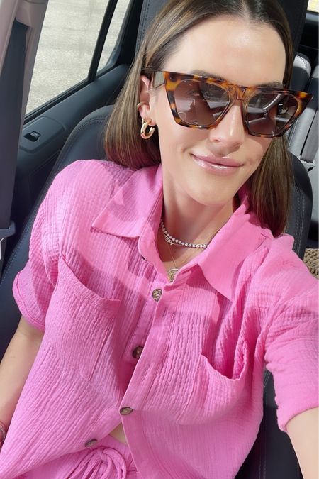 FASHION \ $19 pink set (M) paired with sunglasses and earrings from Amazon!

Summer outfit 
Mom fit 

#LTKSeasonal #LTKunder50