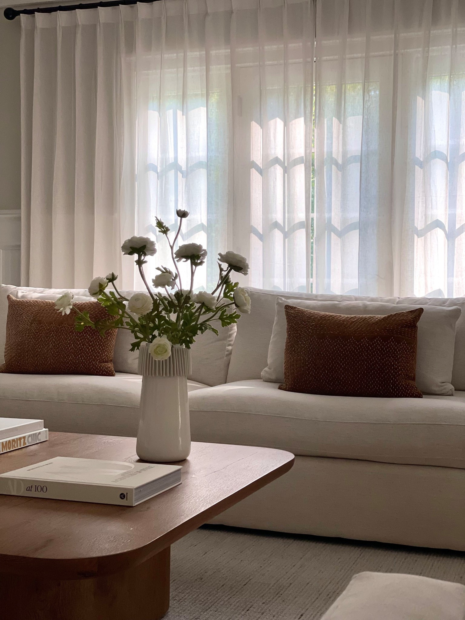 The best curtains! 

Natural Cloud Linen Sheer Curtains
Warm White 
Pleated
75”W
96”L 

Use my code MELI21 for 21% off your order! 
