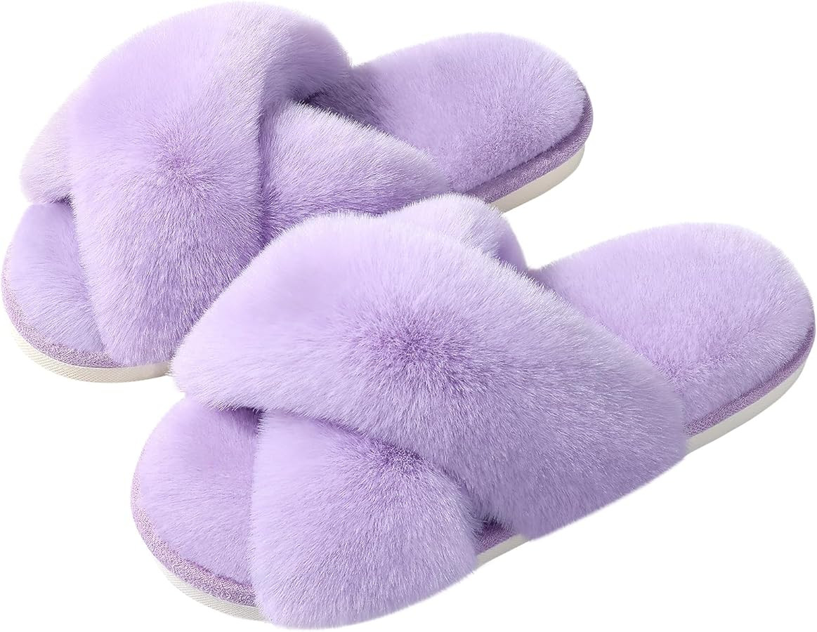 Evshine Women's Fuzzy Slippers Cross Band Memory Foam House Slippers Open Toe | Amazon (US)