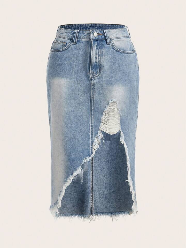 SHEIN EZwear Ripped Raw Hem Denim Skirt | SHEIN