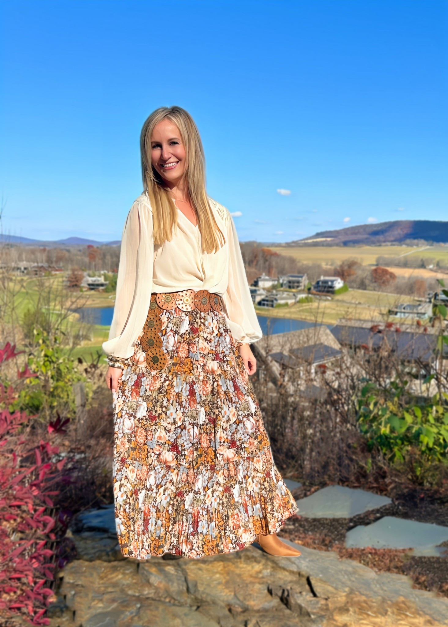 The prettiest skirt for Thanksgiving! I love this coffee floral print as you can pull out brown, white, cream and blue! Pair it with a sweater, button down or denim jacket!. And I’m obsessed with this belt! Instant outfit maker!  I’m a size 2 and chose a medium in the skirt. Elastic waist band, crinkled chiffon material and lined!